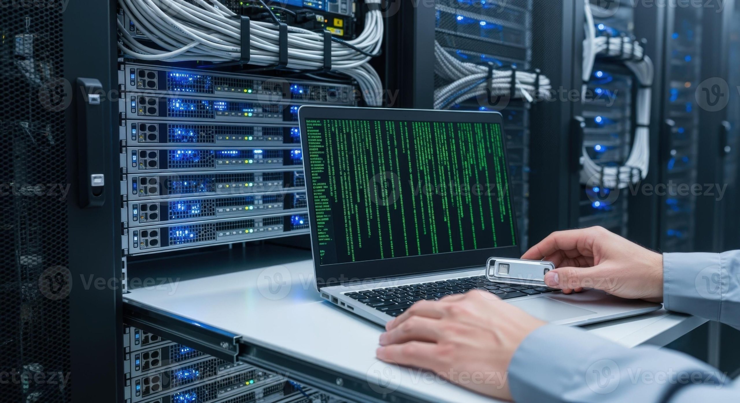 server room configuration it professional uploading data performing maintenance on a data center infrastructure photo